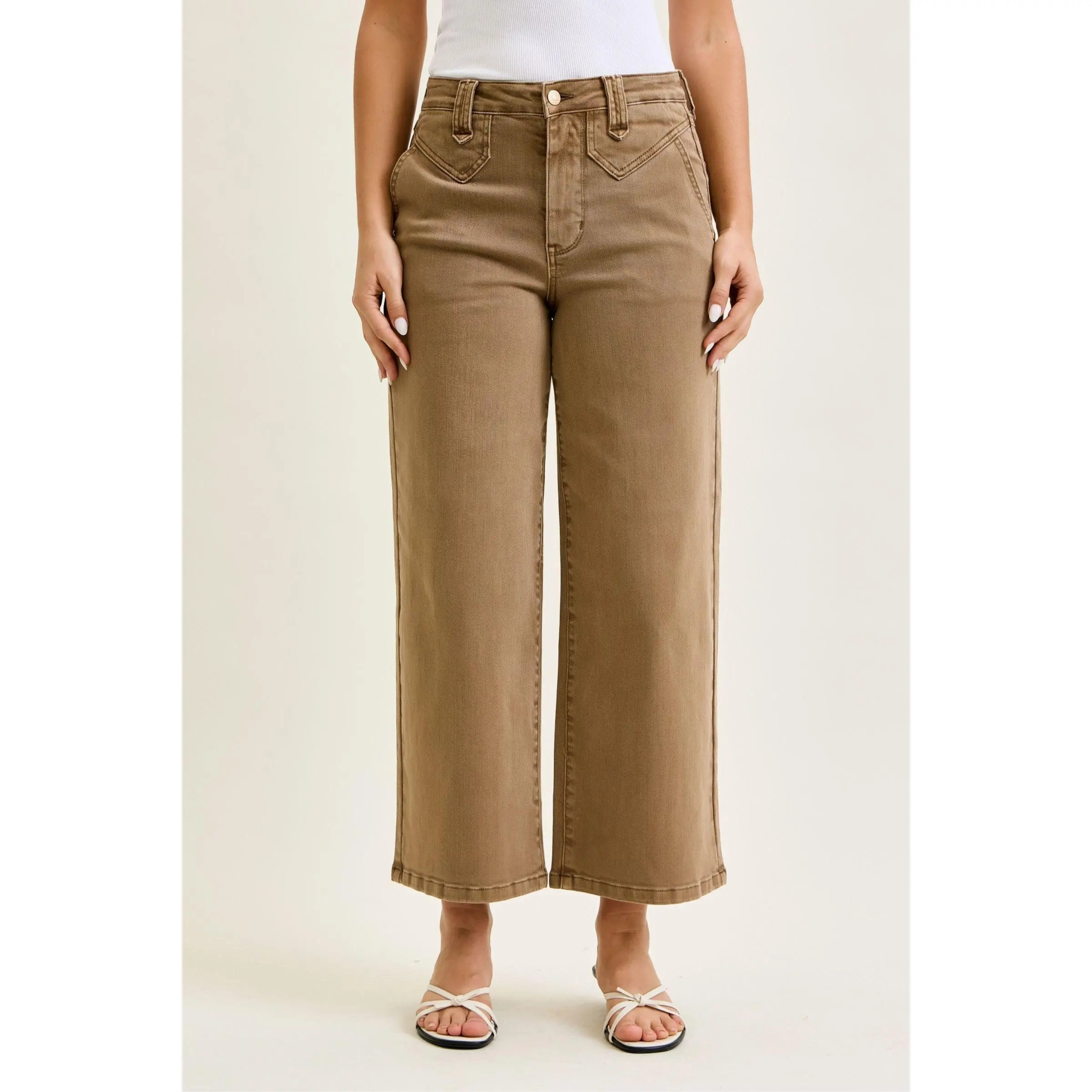 Judy Blue High-Rise Wide Leg Jeans, Women's Golden Brown Stretchy Spandex Pants with Button Fly, Dressy Fit for Regular & Plus Size, Bottoms