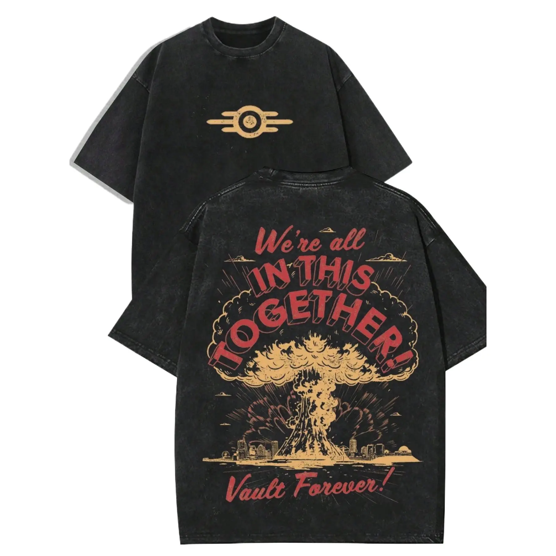 Retro Washed Black Oversized T-Shirt, Nuclear Explosion Graphic & "We're All In This Together" Print Casual Short Sleeve, Unisex Streetwear for Men & Women, Loose Fit for Outdoor & Daily Wear