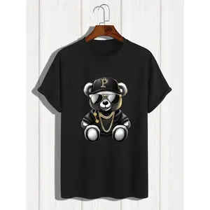 Summer Men's Pure Cotton Fashionable Casual Sports Loose Sunglasses Bear Print Round Neck Short Sleeved T-shirt Top