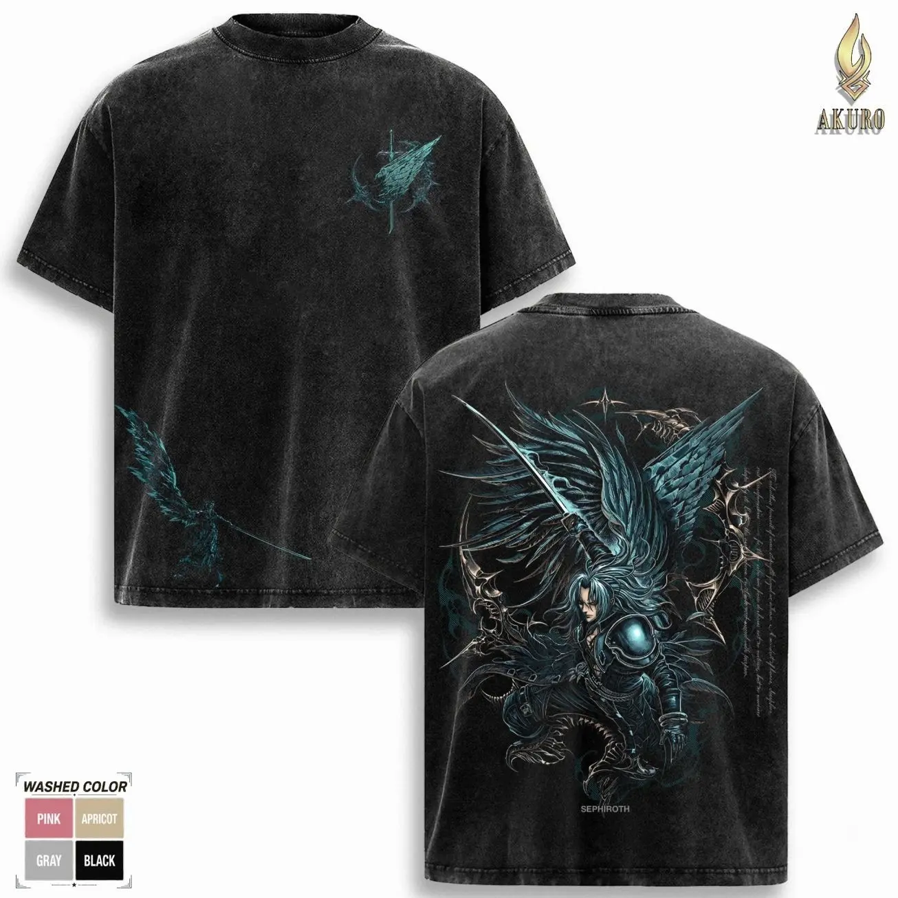 Sephiroth Final Fantasy VII Double Printed Oversize Tshirt Acid Washed Tee TV Show Graphic Top Cotton Gift T-Shirt For Game Lover, Gift T-Shirt For Movie Anime Lover Men's Regular Fit Floral Print Tee streetwear 8L7