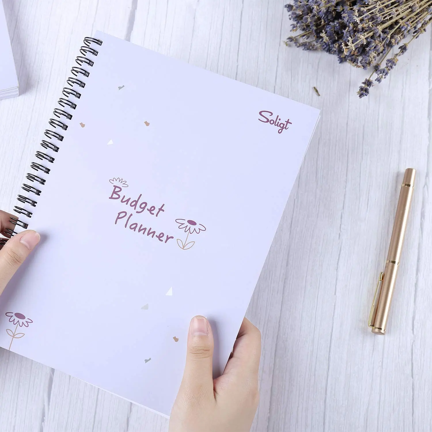Undated Soligt Spiral Bound Monthly Budget Planner Book - Annual Budget Tool with 12 Pockets, Thick Paper Stationery for Income, Debt, Savings Goal, Expense, Bill Tracking & Planner Organization, Blue Floral Design, Spiral Bound Planner