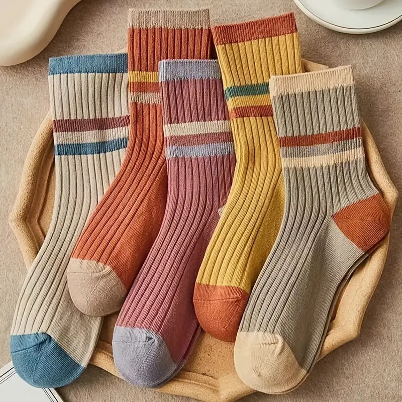 10 Pairs Colorful Striped Socks - Comfortable Thermal Mid-Calf Socks for Autumn Winter, Women's Long Socks | Autumn Winter Fashion / Mid-Calf Socks / Women's Thermal Socks Womenswear Bridal