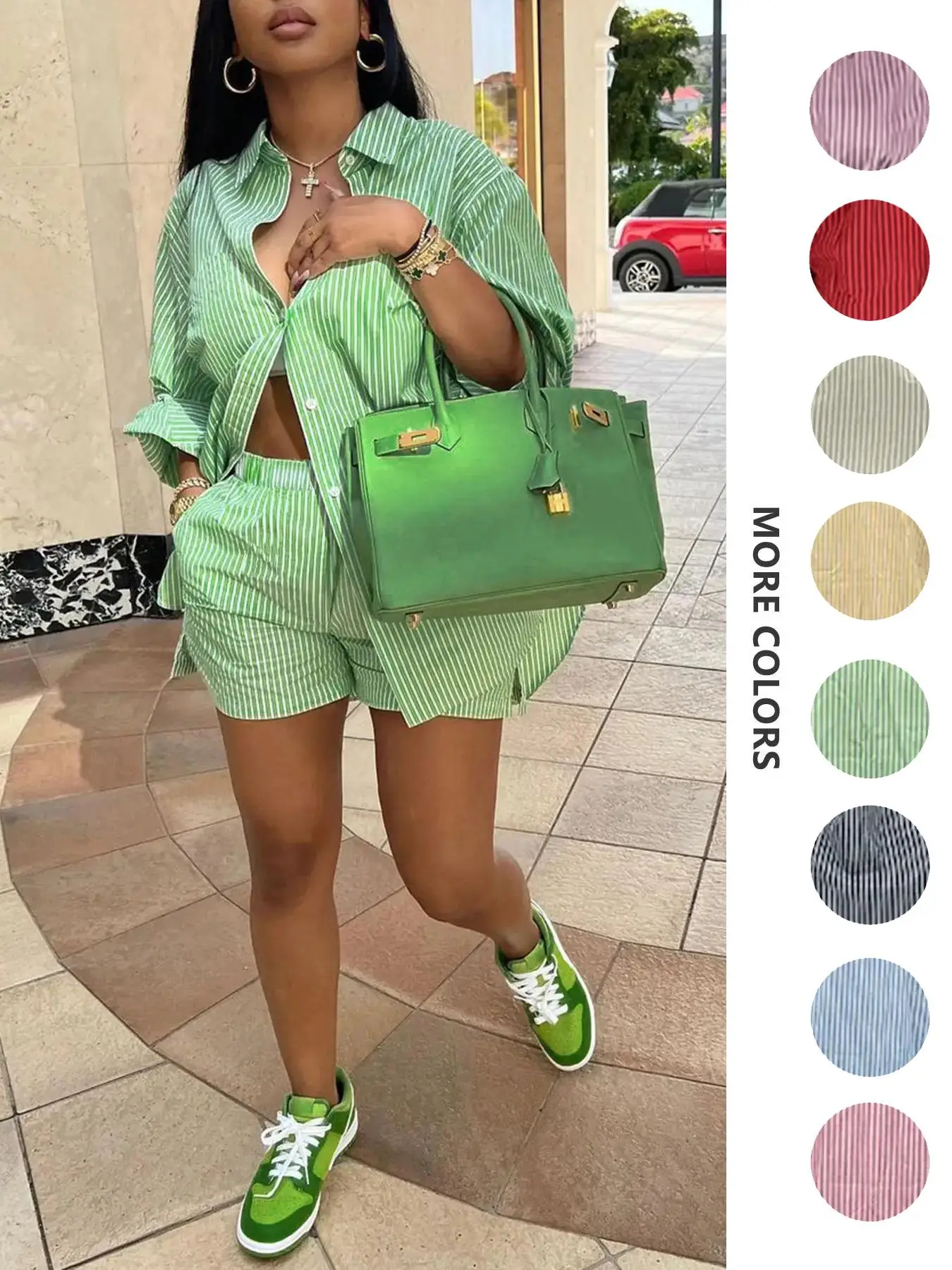 Women's Striped Print Pocket Split Hem Shorts Set, Women's 2 Piece Sets, Chic Casual Long Sleeve Collared Top & Elastic Waist Shorts, Summer Outfits,