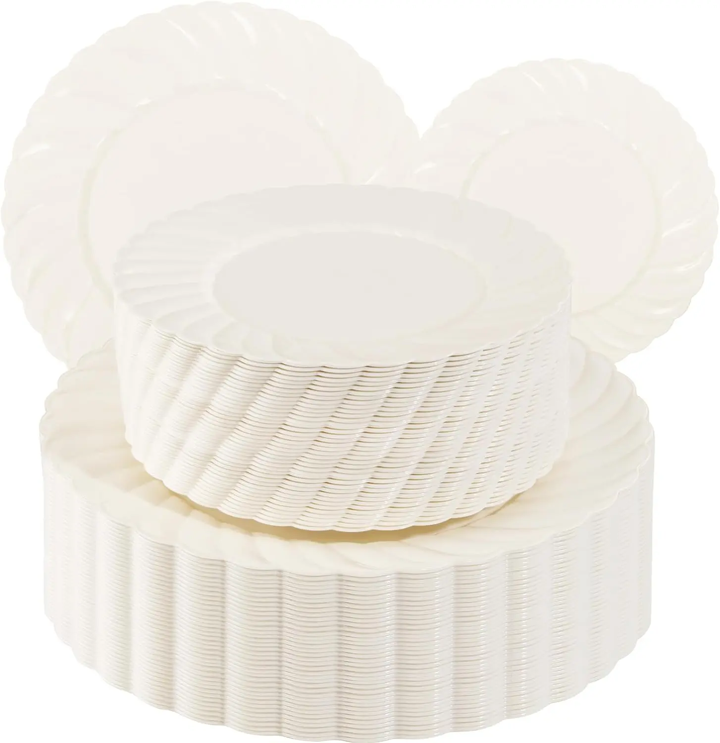 100 Piece Ivory Scalloped Plastic Plates for Party - Plastic Plates Disposable Heavy Duty - High End Disposable Plates for Wedding Including 50PCS 9 '' Dinner Plates & 50PCS 6.5 '' Dessert Plates