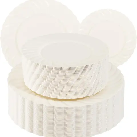 100 PCS Ivory Scalloped Plastic Plates for Party - Plastic Plates Disposable  - High End Disposable Plates for Wedding Including  Dinner Plates &   Dessert Plates,sohochic