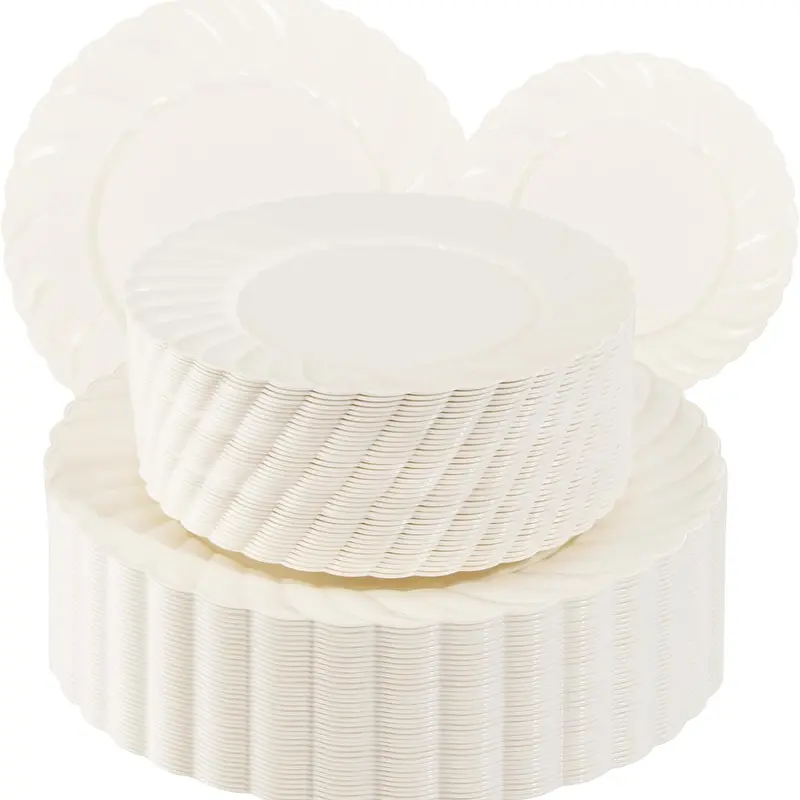 100 PCS Ivory Scalloped Plastic Plates for Party - Plastic Plates Disposable  - High End Disposable Plates for Wedding Including  Dinner Plates &   Dessert Plates,sohochic