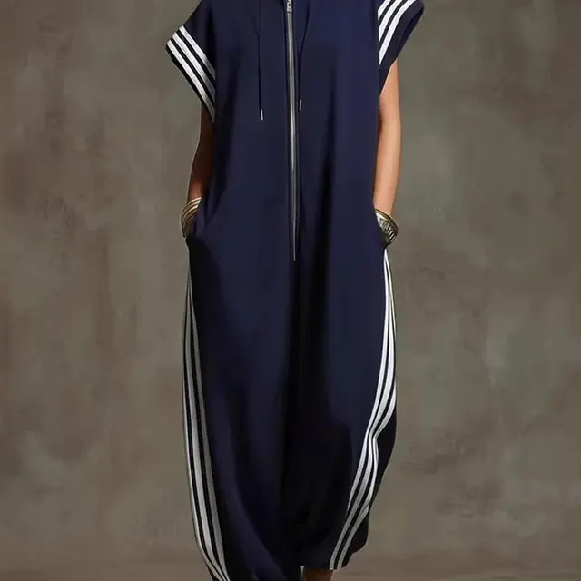 Women's 2026 New Summer Loose Sleeveless Contrast-Color Split-Joint Striped Zipper Stand-Collar Jumpsuits with Ninth Pants, Womenswear Overalls