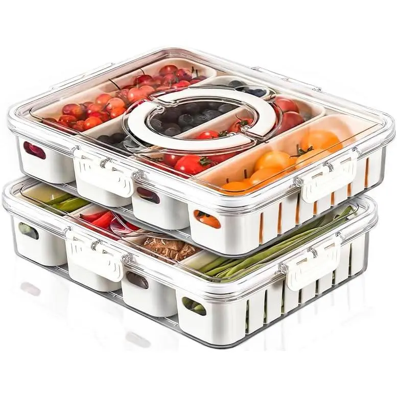 2 count Portable Picnic Parties Fruit Tray, Fridge  Veggie Condiment Divided Serving Preservation Storage Containers, Kitchen Clear Snackle Box Candy Organizer with Lid Handle