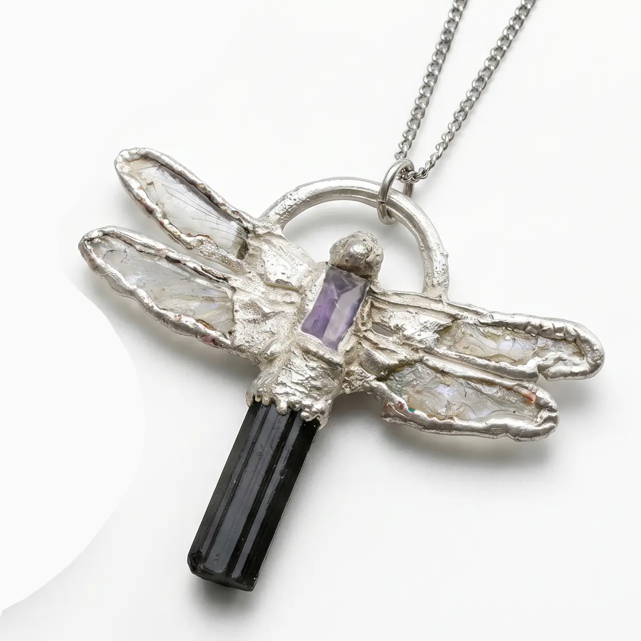 Unisex Handcrafted Dragonfly Pendant Necklace - Silver-Plated Electroform Jewelry with Silver-Plated Chain, Natural Tourmaline, Amethyst Crystals, Comfortable for Daily Wear, Nature-Inspired Gift