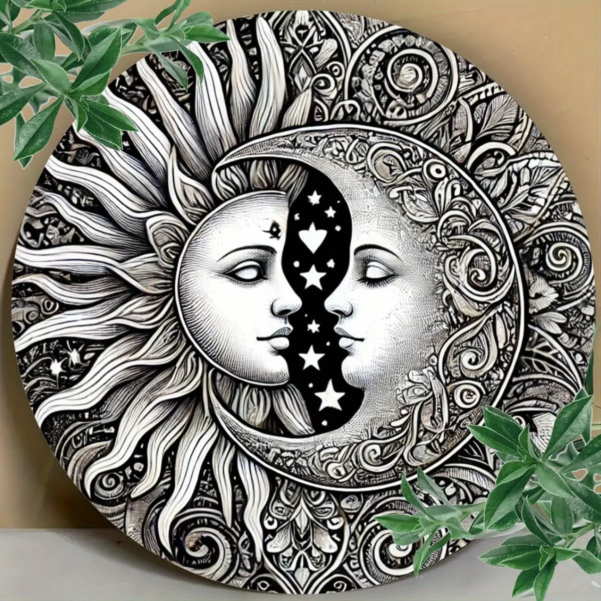 1pc Round Moon & Sun Metal Wall Artwork - 8 or 12-Inch Artistic Iron Plaque, High-Definition 2D Printed Celestial Design, Durable Indoor-Outdoor Wall Decoration for Home-Garden, Ideal Birthday-Christmas Gift, Room, Lightweight