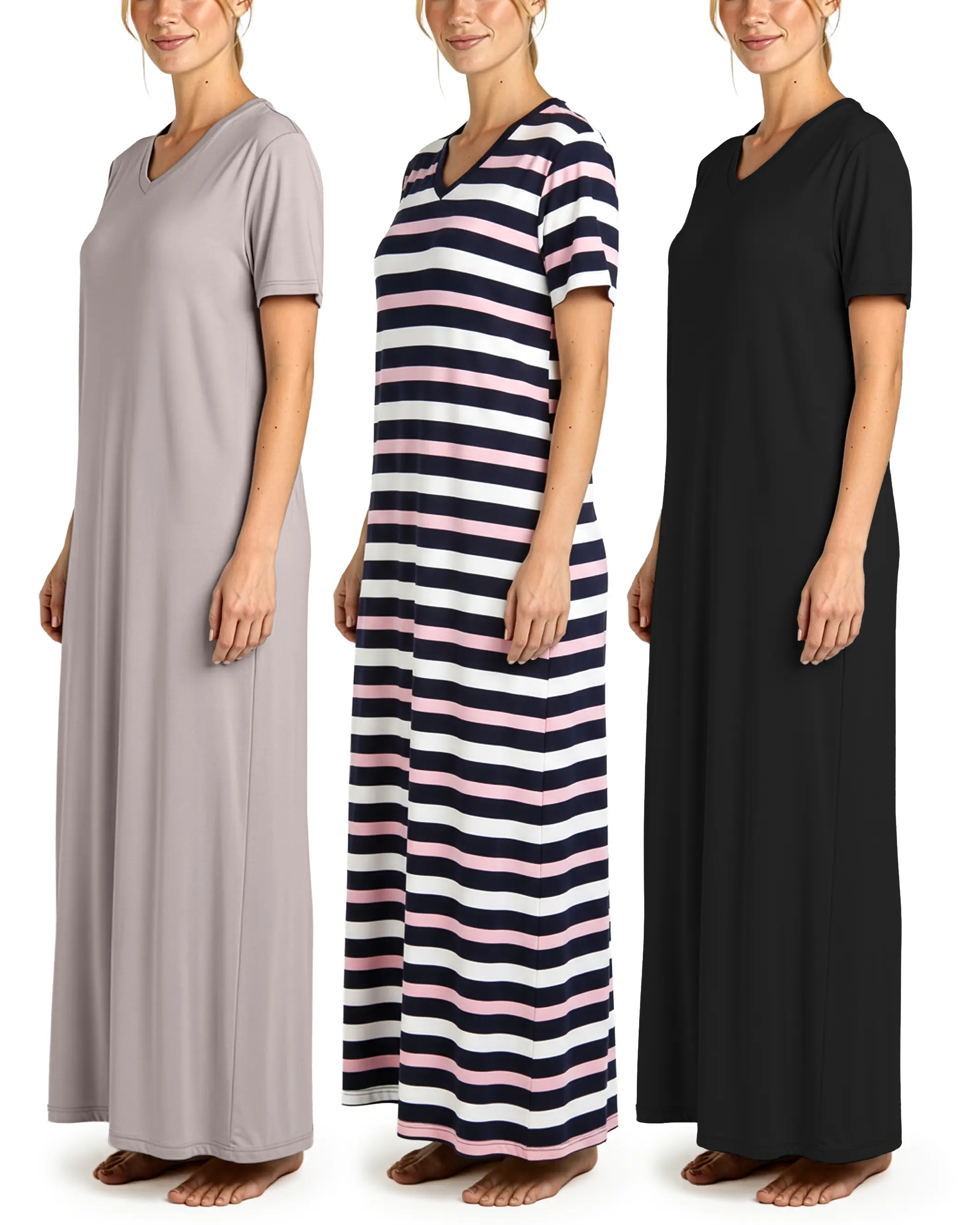 3 Pack Women's Nightgown Maxi Long Nightshirt Short Sleeve Sleep Dress PJ