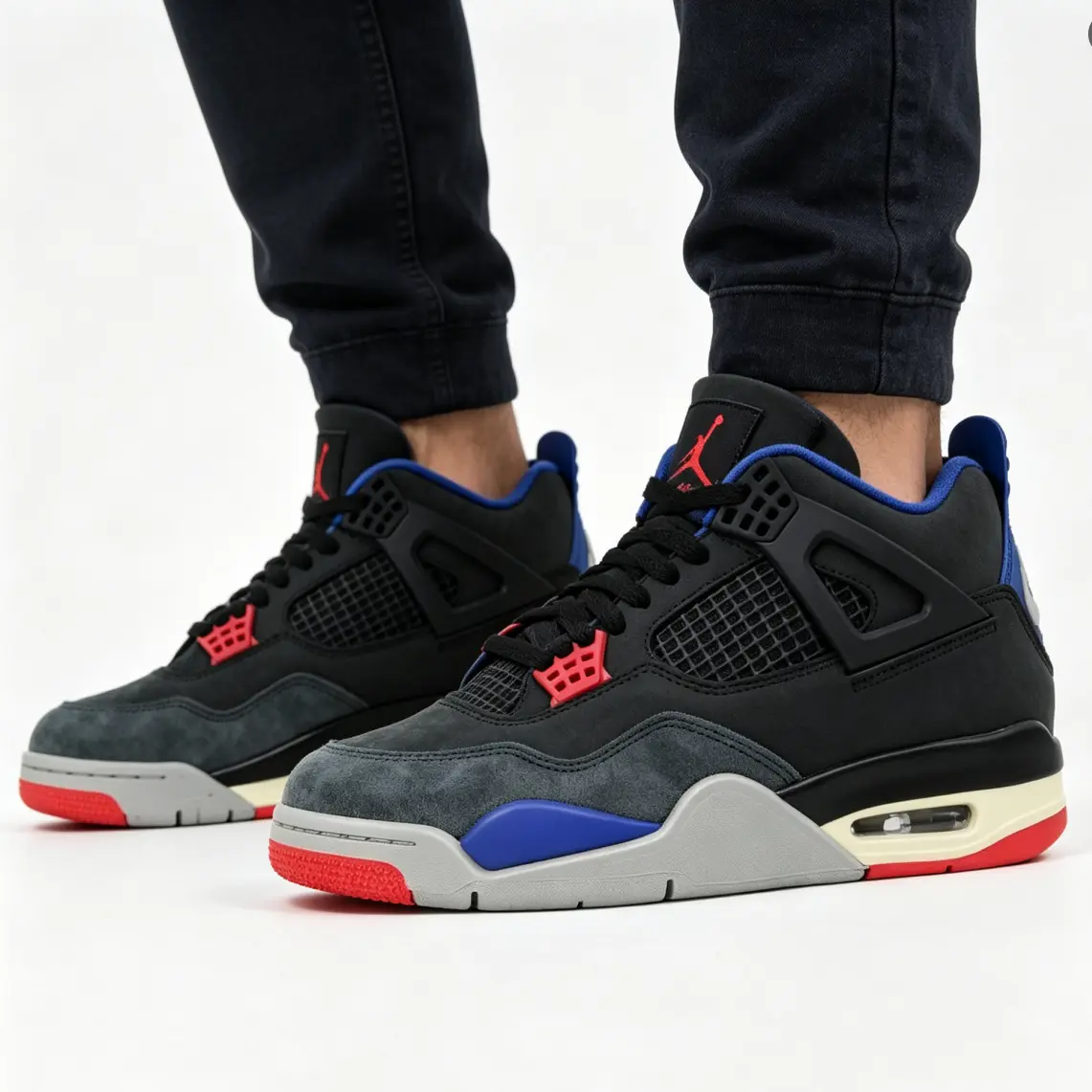 Charcoal Grey Black Nubuck High Top Basketball Shoes, Red Blue Contrast Mesh Panel Visible Window Air Cushion Retro Street Casual Athletic Sneakers For Men