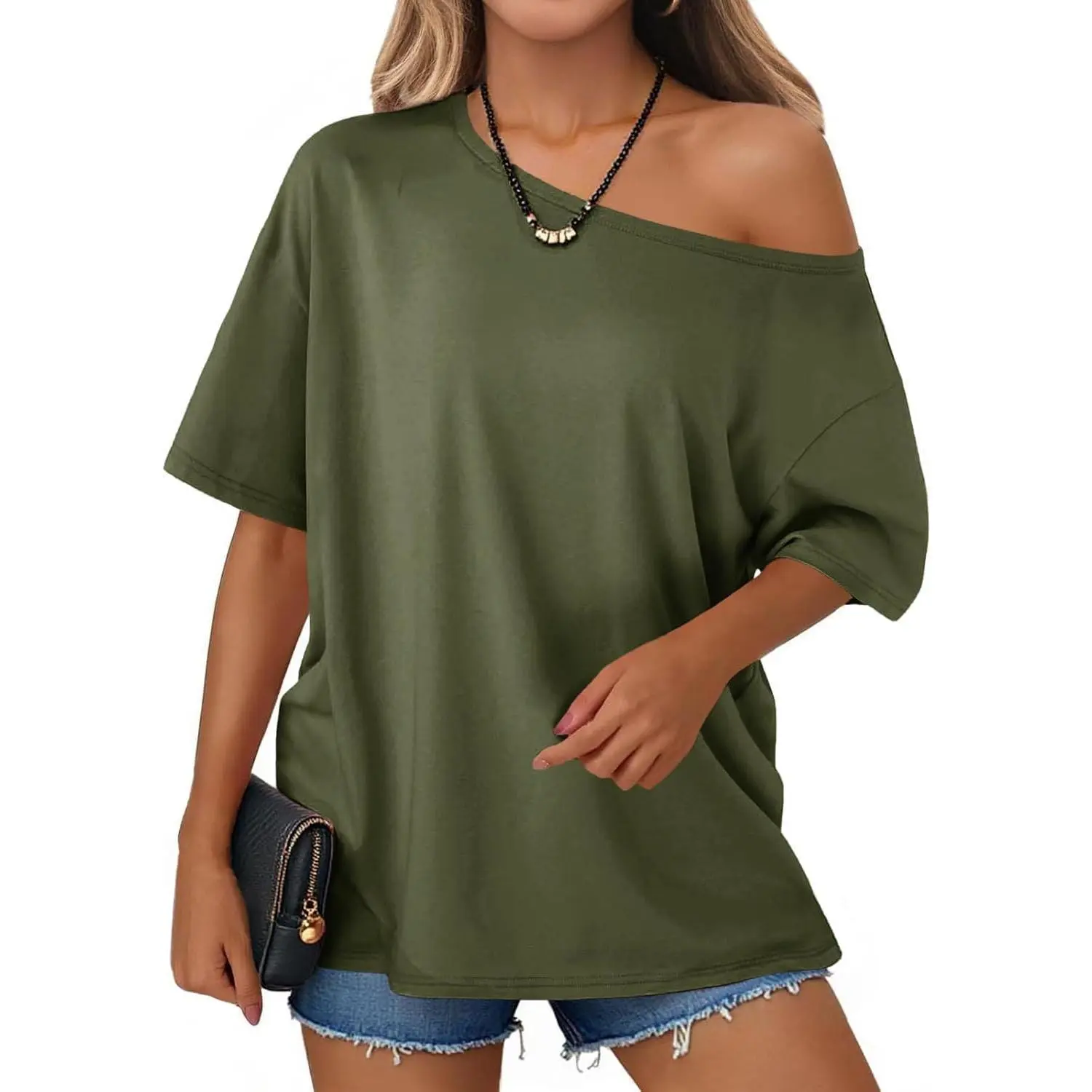 Imily Bela Women's Off the Shoulder Top, Comfy Casual Short Sleeve Oversized Cotton T-Shirt, Flowy Breathable Summer Tunic, Tshirt, Casual Stylish Tee