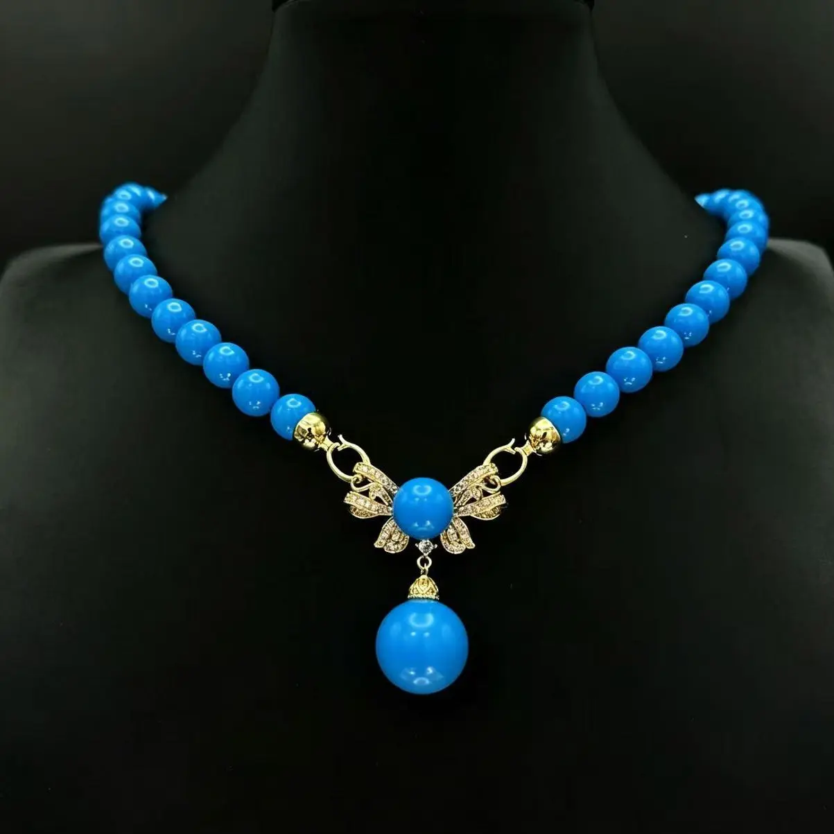 Original Design 10mm Beautiful Mine Turquoise Bowknot Pendant Necklace Fashion All-match S925 Silver For Women