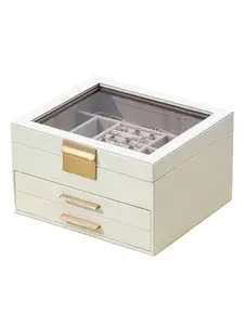 Three-Drawer Glass Window PU Jewelry Box, Necklace Earrings Storage Case, Jewelry Storage Unit, Luxury Jewellery Organizer, All Seasons Use