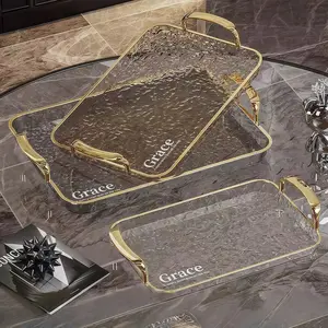 3pcs Transparent Elegant Golden-Rimmed Rectangular Trays Set, Large/Medium/Small PTE Transparent Serving Platters with Handles - Ideal for Fruits, Snacks, Pastries | Perfect for Parties & Festivals, Trays for Serving Food, Party & Festival Essenti