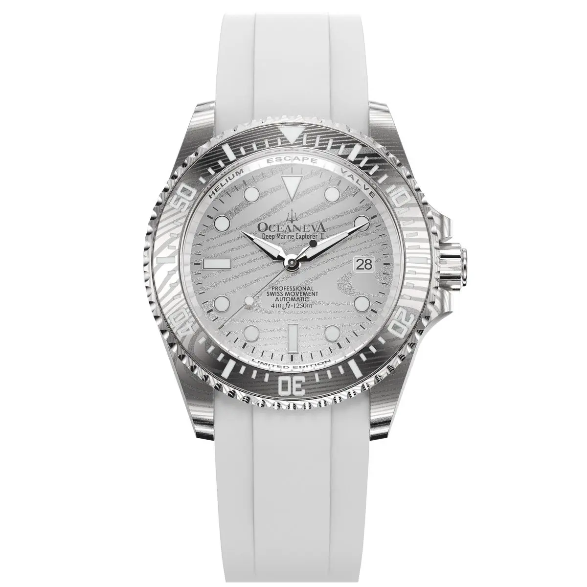 Oceaneva Men's Deep Marine Explorer II - 1250M Swiss Dive Watch with Silver Damascus Steel Dial & White FKM Rubber Band