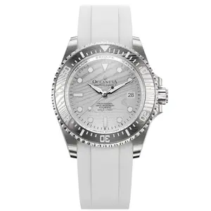 Oceaneva Men's Deep Marine Explorer II - 1250M Swiss Dive Watch with Silver Damascus Steel Dial & White FKM Rubber Band