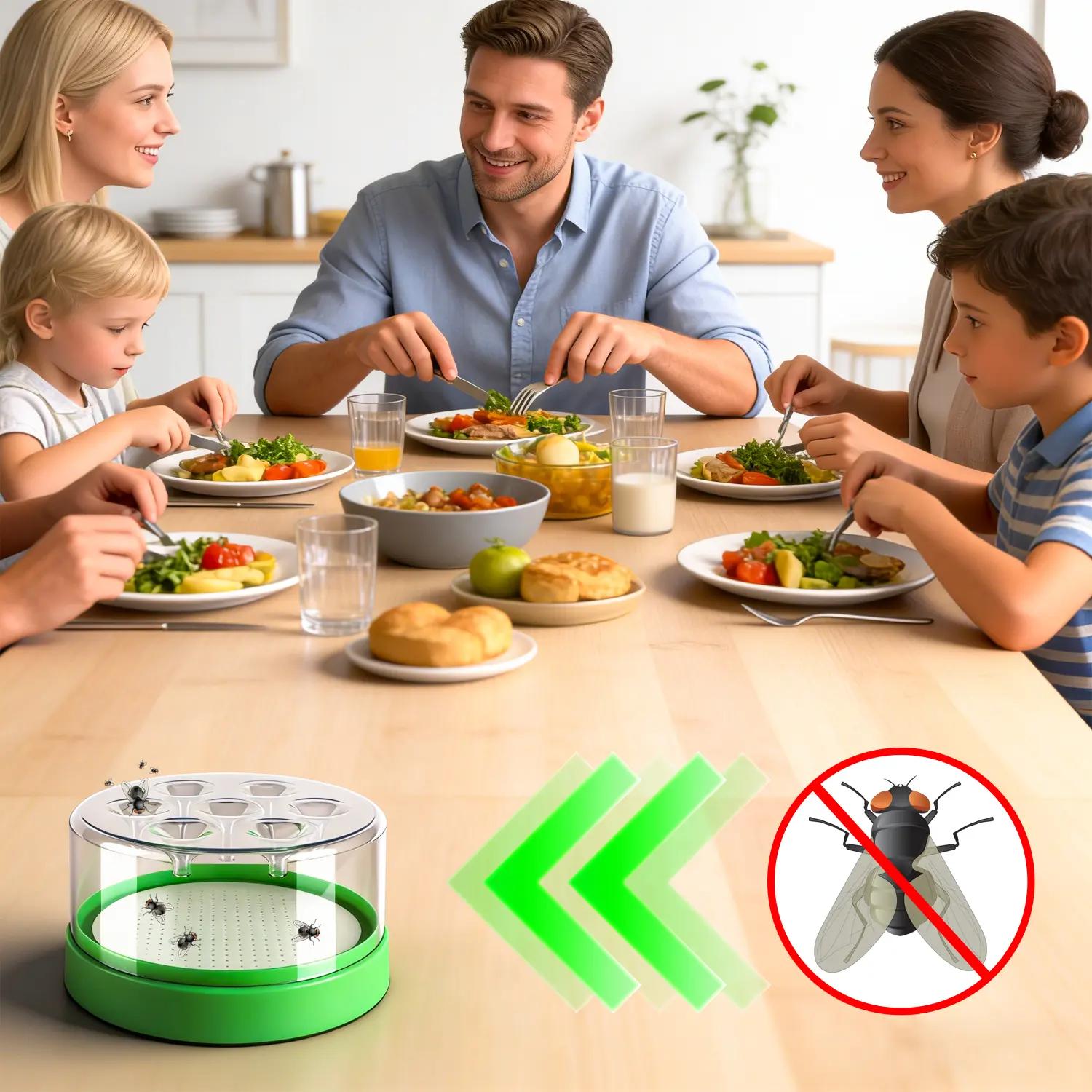 Reusable Outdoor Fly Trap for Patio Garden Home—Non Toxic Pest Control Cage with 7 Holes. Catches Wasps Flies Gnats Insects. Transparent Top Green Base. No Electricity Battery. Safe Effective Durable Plastic without Bait