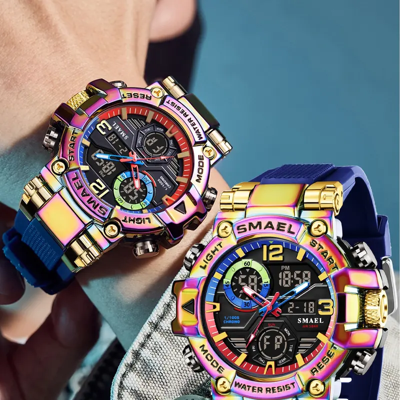 1Pcs SMAEL Men Watches Fashion Bronze Alloy Case Quartz Man Stopwatch Alarm Clock Week Wristwatch Analog Quartz Watch