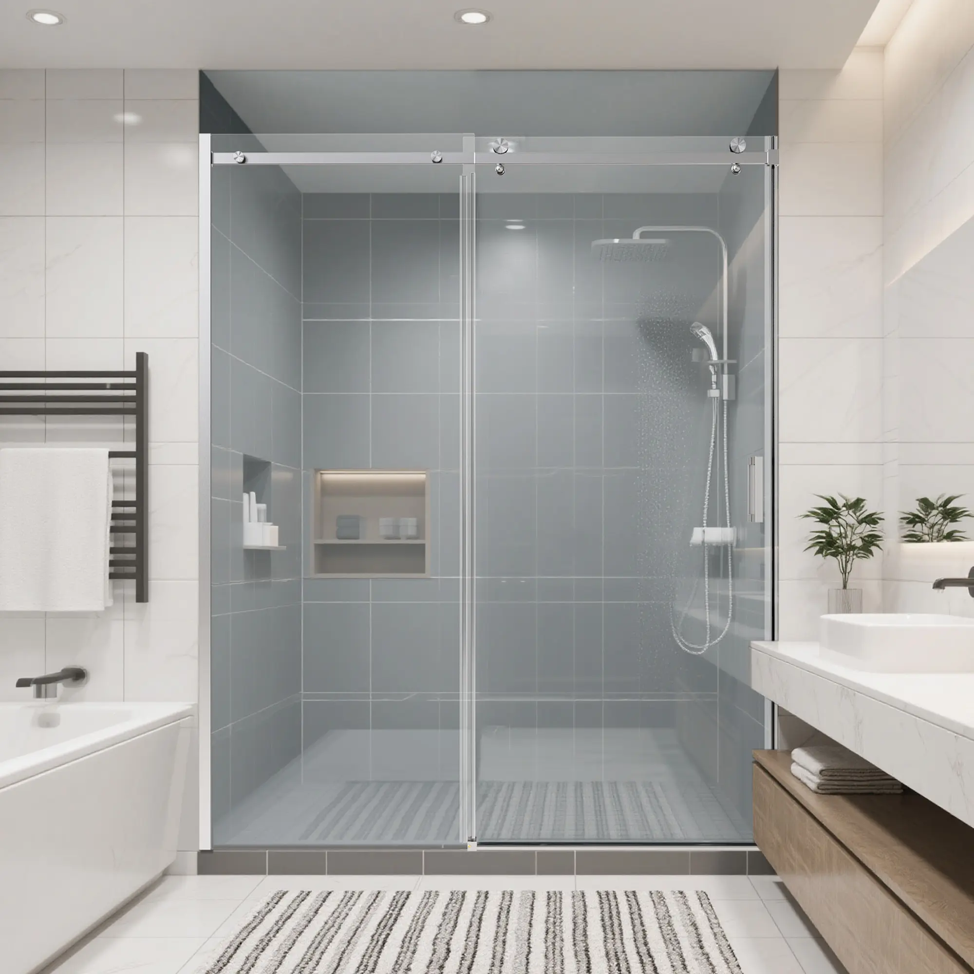 56-60 Inch Width x 74 Inch Height Frameless Single Sliding Shower Door, 5/16 Inch (8mm) SGCC Tempered Glass, Brushed Nickel Finish, Modern Bathroom Shower Enclosure, Clear Glass Sliding Door for Walk-In Shower, Bathroom Shower Door