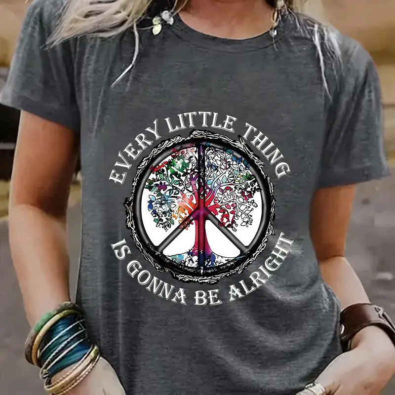Women's Letter & Tree Print Round Neck Tee, Fashion Casual Crew Neck Fitted T-Shirt for Everyday Daily Holiday Vacation Outdoor Wear, Ladies Clothes for Summer Knit Fabric, Casual Trendy Tee, Womenswear