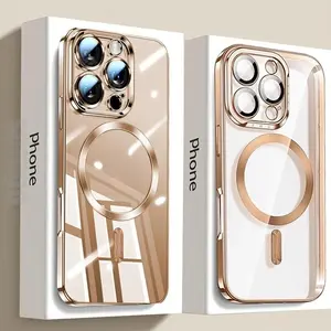 For iPhone Magnetic Electroplated Case - Transparent with Camera Lens Protection Glass and Wireless Charger Cover for 17 Pro Max 17 Air ,15, 14, 16, 13, 12, 11 Pro Max Shockproof Casing