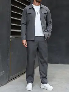 Men’s lightweight business casual jacket set: lapel jacket + loose straight-leg pants. Machine washable, non-stretch fabric. Suitable for everyday wear—versatile loose jacket set for spring and autumn.