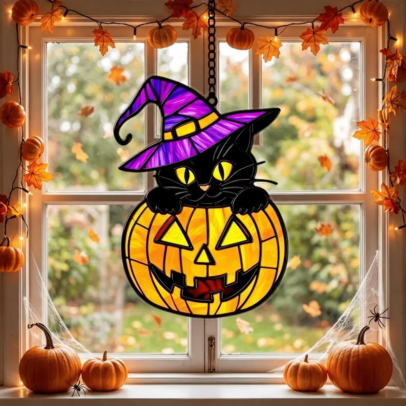 Black Cat & Pumpkin Acrylic Suncatcher, Halloween Window Hanging, Spooky Home Decor, Halloween Gift, Cat Lover Gift
