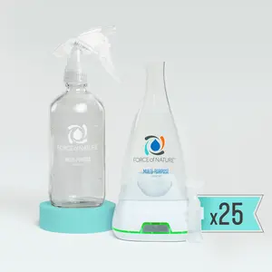 Force of Nature Extra Value Bundle Multi-Purpose Household Cleaner w/Glass Bottle, Disinfectant & Deodorizer Spray - Eco-Friendly, Toxin-Free All-Purpose Natural Cleaning Supplies - Reusable Glass Bottle, 25 Refills - Kills Mold