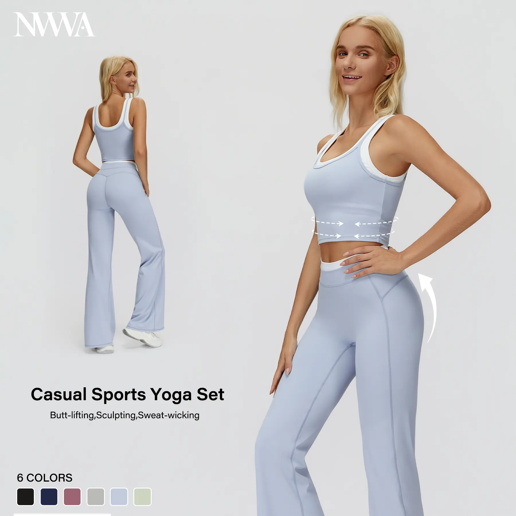 Women's two-piece sportswear set: color-blocked U-shaped sports bra + ribbed high-waisted straight-leg pants, made of soft, supple, and comfortable fabric, with a high waist for tummy control, suitable for yoga, Pilates, and outdoor activities.outfits