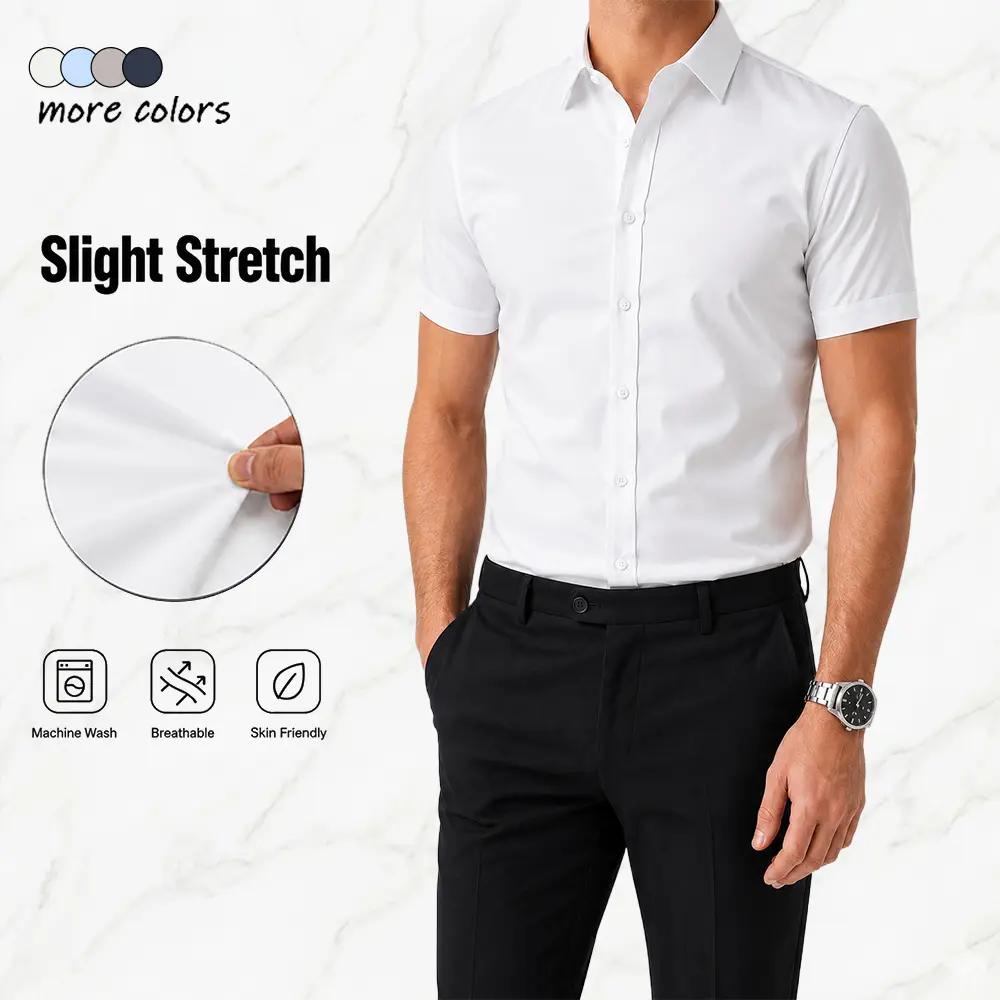 Menswear Single Pack Slim-Fit Stretch Short-Sleeve Collared Dress Shirt, Business Casual Muscle Cut Solid Color Men's Top, Men's Gift Item.Summervibes