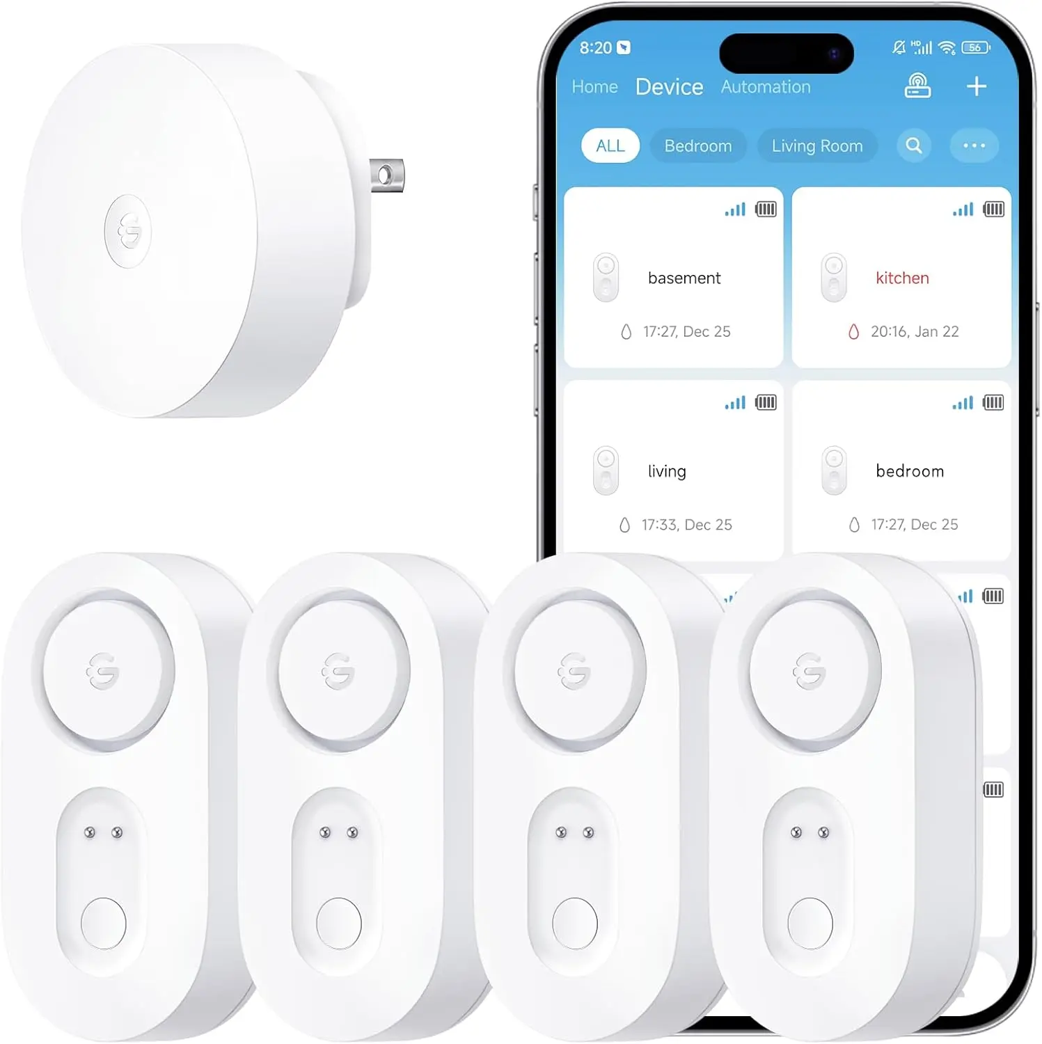4-Pack Upgraded Smart Water Leak Detectors, 1s Response WiFi Water Sensors with 1804 ft Ultra-Long Range, SMS/Email/APP Push & Sound Alarms for Home, Basement