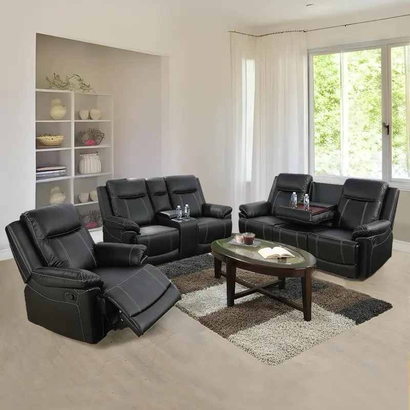 3 Pieces Leather Recliner Sofa Set, Leather Living Room Furniture Set with Storage Console & Cup Holder for Living Room/Office (Recliner Couch Set) Black