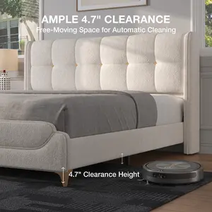 Novilla Full/Queen/King Size Wingback Platform Bed, Cream Lamb Wool Upholstery, French Luxury Design with LED Lights & Charging Station, No Box Spring, Easy Assembly