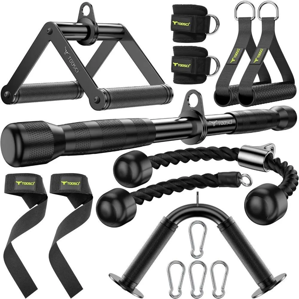 Cable Attachment Multipack for Home Gym Setups - V-Shaped Bar, Rotating Straight Bar, V-Rotation Handle, Nylon Triceps Rope, Ankle Straps for Triceps, Back, Wrist Workouts on LAT Pulldown & Cable Machines, Reduce Grip Fatigue, Durable, Adjustable Strap, C
