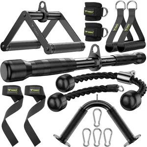 Cable Attachment Set For Gym, LAT Pulldown, Cable Machine & Home Gym: V-Shaped Bar, Rotating Straight Bar, V Rotation Handle, Nylon Tricep Rope, Ankle Straps & Handles