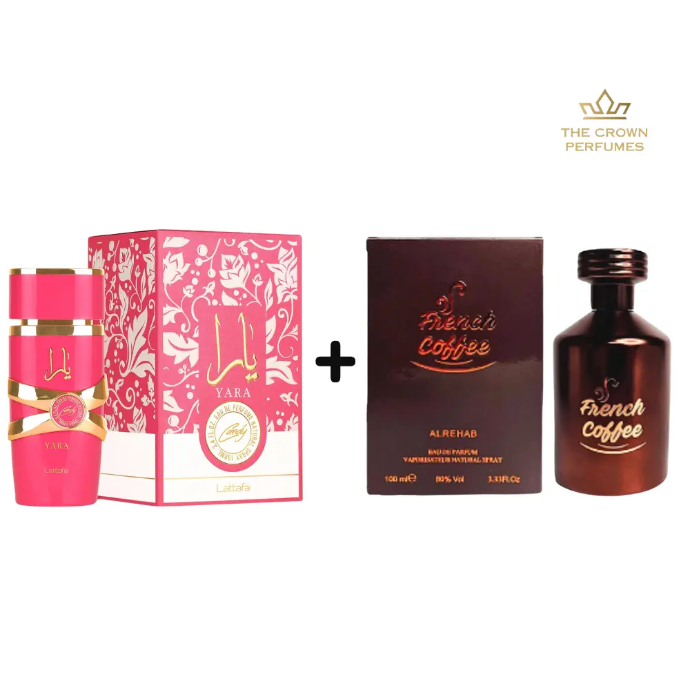 Lattafa Yara Candy & French Coffee EDP 2-Piece Gourmand Set, Sweet Vanilla & Aromatic Espresso Vibe, 100ml (3 to 3.9 fl oz), Milk Chocolate, Rich Coffee Warmth, Youth, Mocha, Multi-Pack, Sweet & Coffee