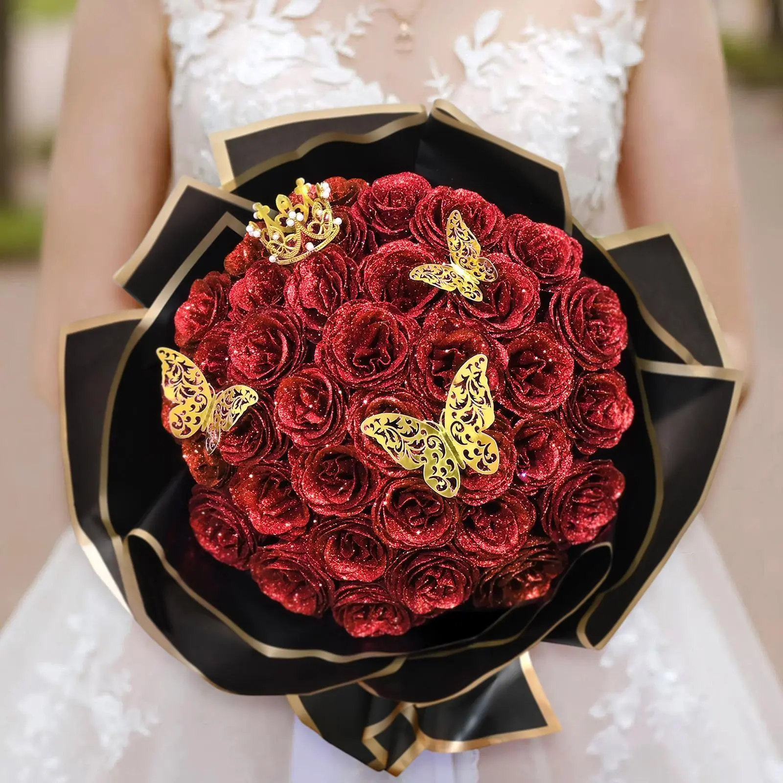 Diy Artificial Rose Bouquet Set - 24/36 Pcs Glitter Bouquet-Shaped Artificial Flowers with 3D Butterflies, Crown, Alphabet Stickers, Ribbon for Wedding, Graduation, Room Decor, Valentine's Day Gift (No White Pearlescent Tulle)