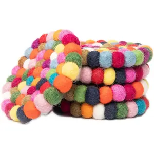 Square Felt Ball Coasters - 100% Merino Wool Table Coasters - Felt Coaster Pads, Absorbent Trivet for Drinks - Heat Resistant, Thick & Durable Hand Felted in Nepal by Woolygon- Multicolor - Set of 5