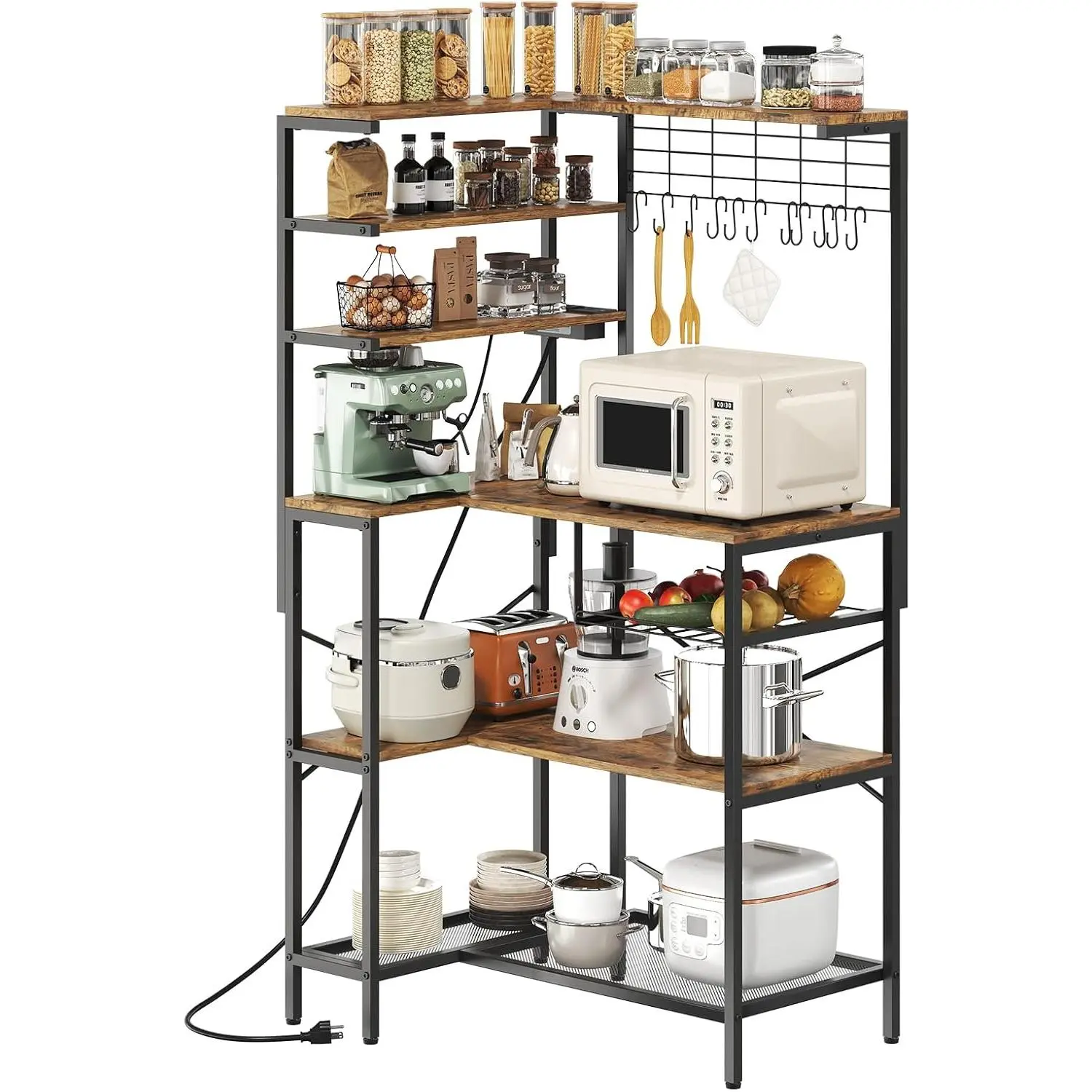 White L-Shaped Baker's Rack with Power Strip, 3 AC & 2 USB Outlets, On/Off Switch, 6-Tier Microwave Stand, Open Storage, Hook-Equipped Kitchen Shelf, Wire Basket Coffee Bar