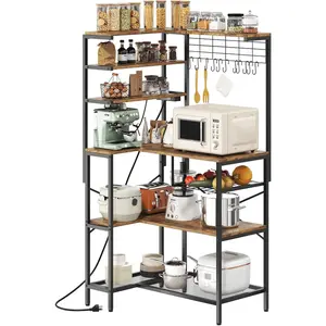 L-Shaped Bakers Rack with Power Outlet, 6-Tier Microwave Stand with Open Storage, Kitchen Shelf with Hooks, Coffee Bar with Wire Basket, White