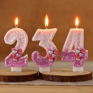 Handmade Glitter Number Candles 0-9 with Heart-Shaped Balloon Decorations, Ornaments, and Birthday Cake Topper, Durable Plastic Base