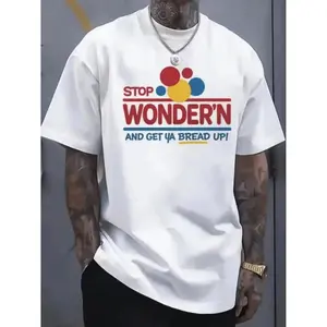 Humorous Mens Graphic TShirt Featuring Stop Wondering Get Your Bread Up Motif with Smiling Bread Slice Illustration