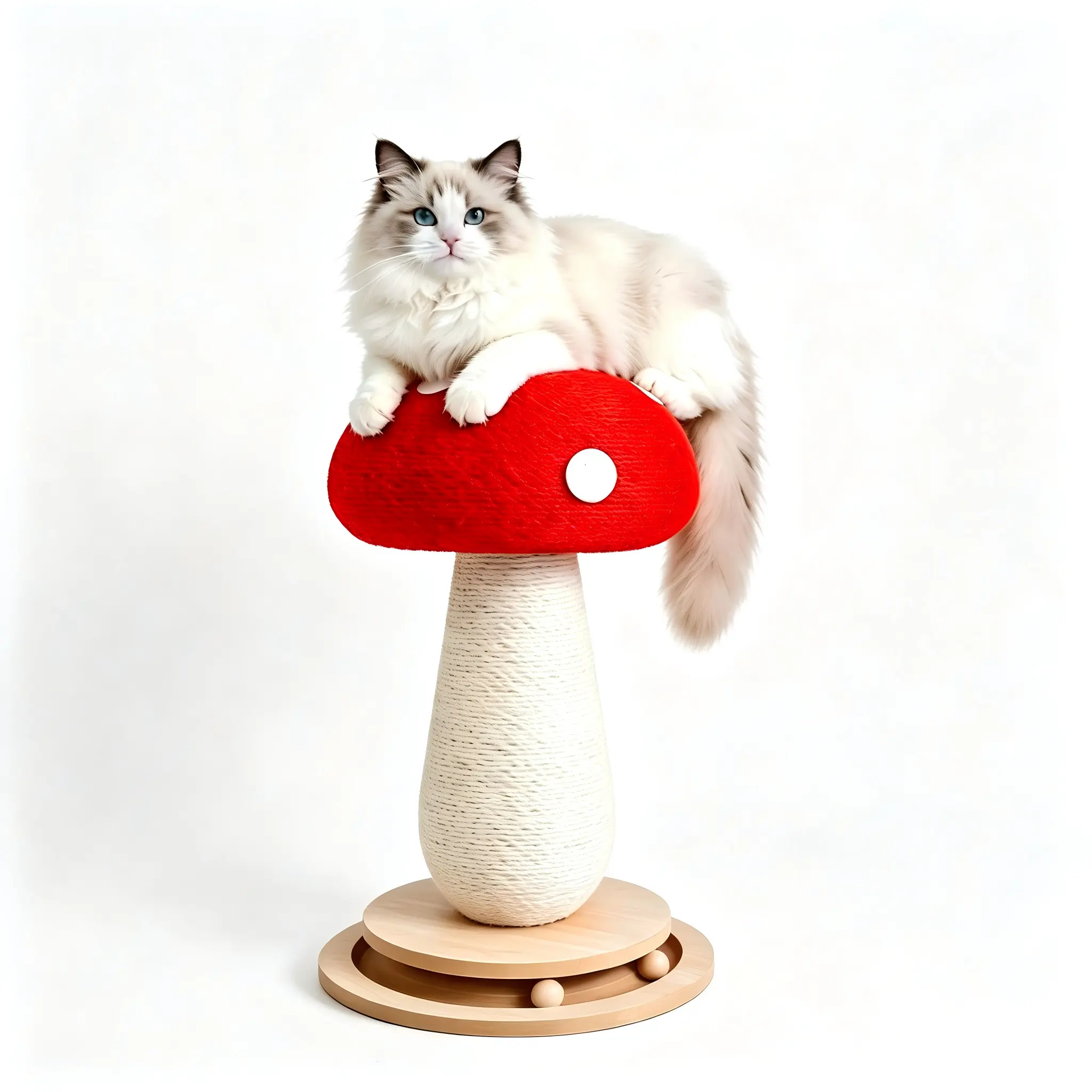 Red Mushroom Freestanding Cat Scratching Post, 3-in-1 Multi Function, Full Sisal Wrapped, No Scraps Non-Toxic Decor Cat Furniture For Indoor Cats (Red, 21 in Large)