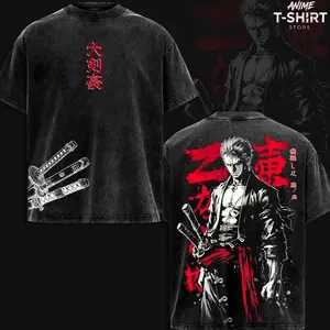 Zoro - OP Vintage Washed T-Shirt, Relaxed Fit, Heavyweight Cotton, Unisex Streetwear Casual Wear, Three Swordsman Graphic Tee, Gift for Anime Fans M55