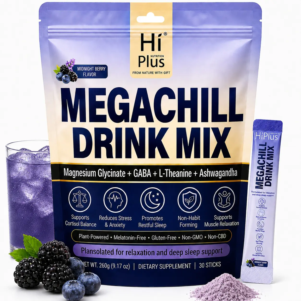 HiPlus MEGACHILL Drink Mix with Ashwagandha, Vitamin B12, Magnesium, and L-Theanine—Supports Cortisol Balance, Gut Health,Mood, and Sleep—30 Servings, Easy to Mix, Dietary Supplement
