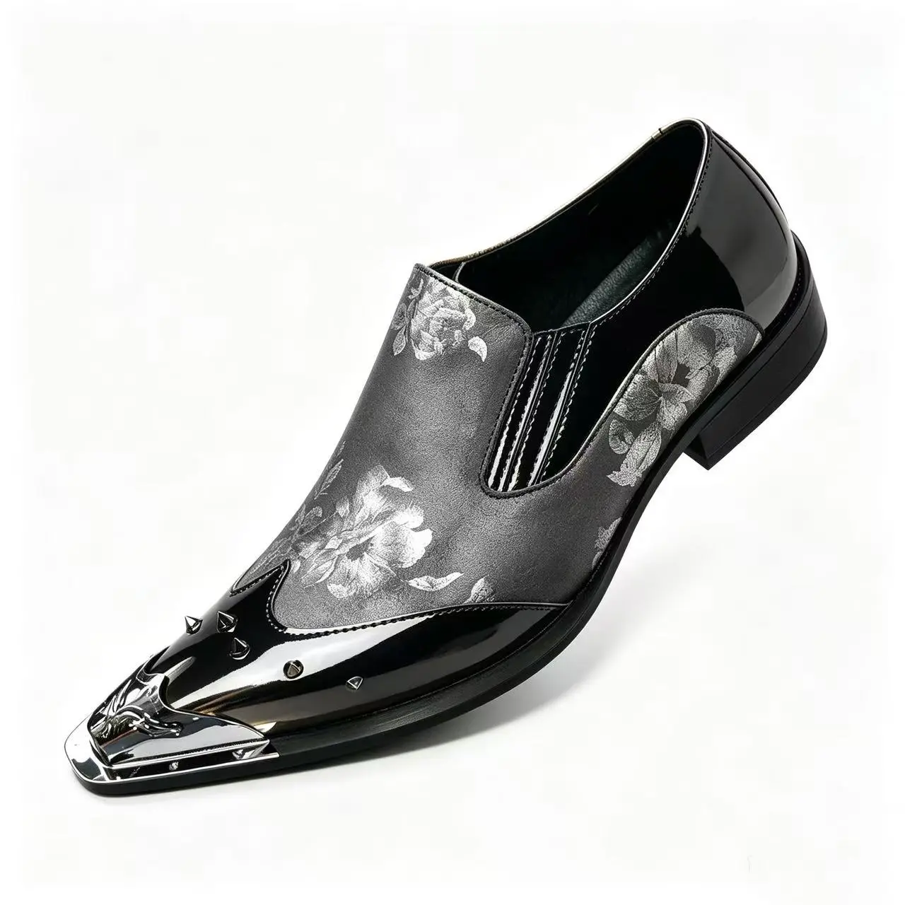 Men's Floral Print Slip-On Loafers, Punk Dress Shoes with Rivet Decor, Spike Toe Cap, and Rubber Sole for Party Wear, Patent Leather, Metal, All Season, Fabric, Formal, Footwear, Business, Leather & Faux Leather