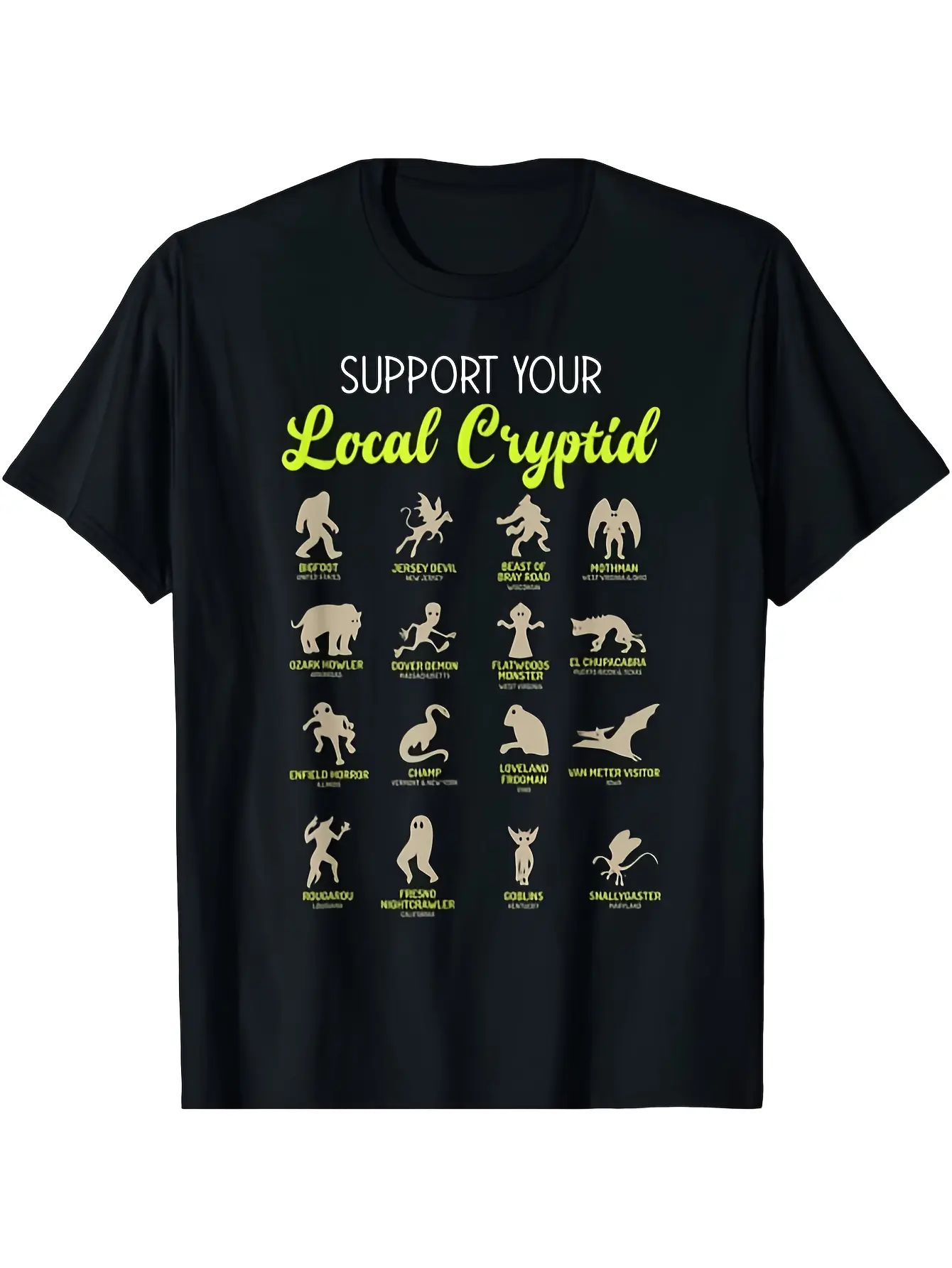 Humorous Cryptozoology Back Your Nearby Cryptid In unisex soft cotton short sleeve t shirt, vintage graphic casual tee for men women teens, perfect birthday holiday gift for camping travel gym daily street  wear