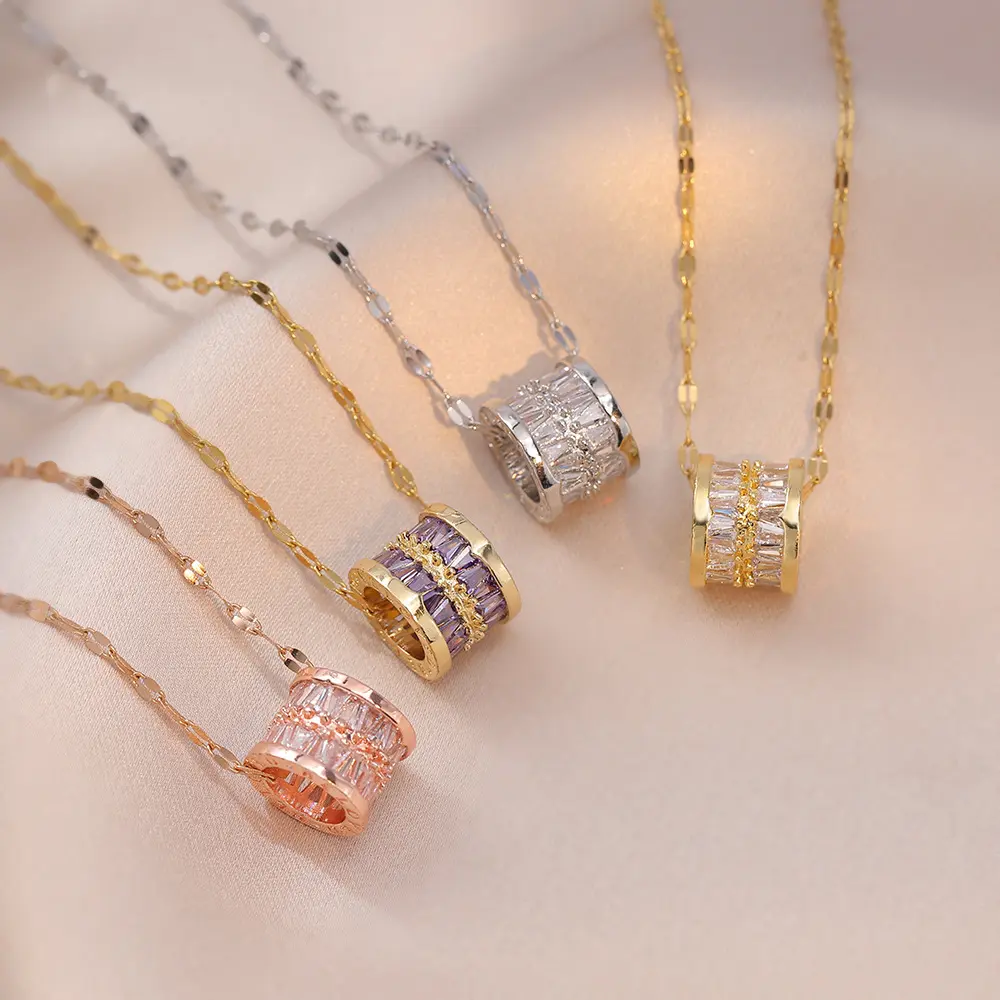 Waist Barrel Cubic Zirconia Pendant Necklace for Women, Copper Inlaid Dainty Luxury Choker Chain, Minimalist Cold Tone Unique Designer Jewelry for Daily Date Party Gift for Her